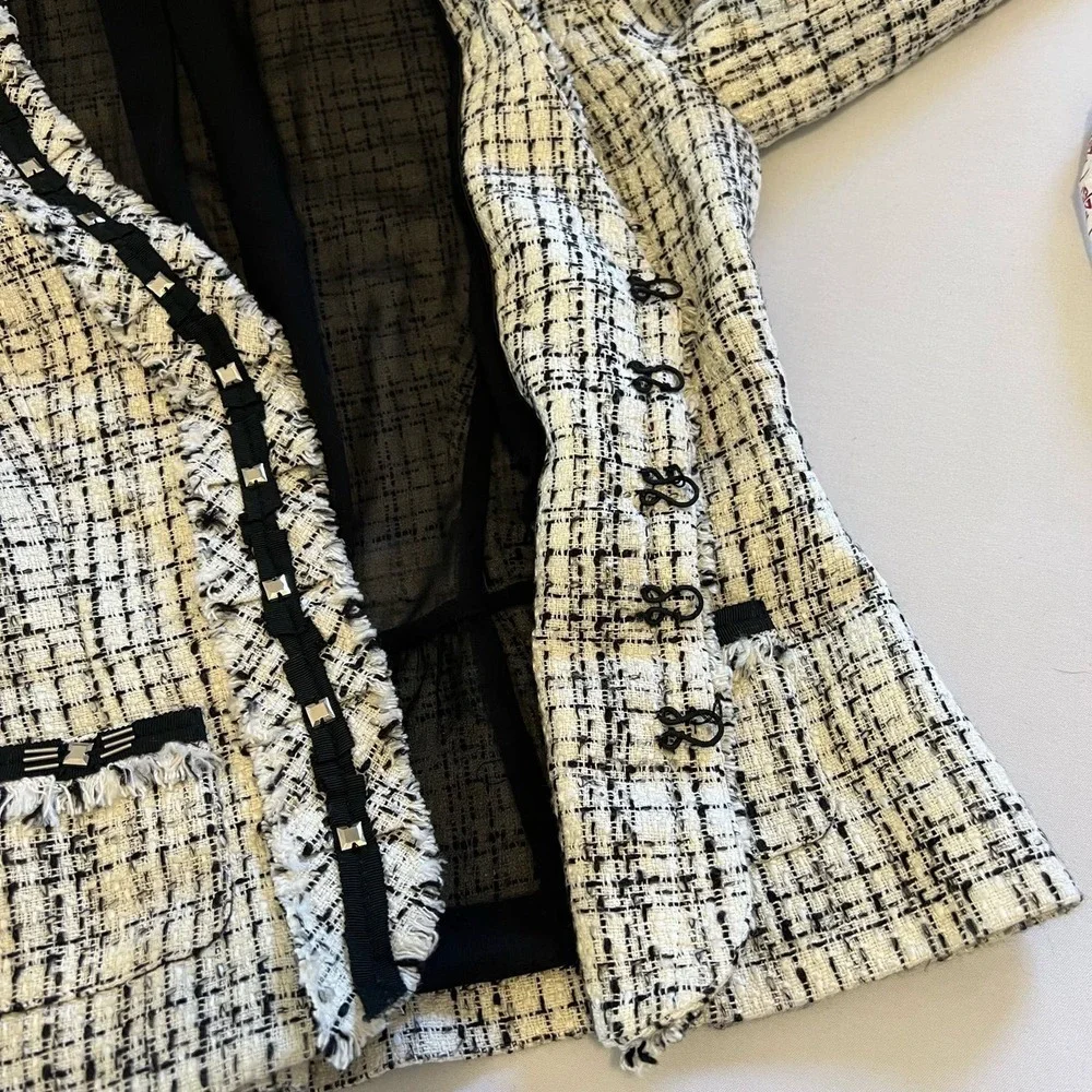 White House Black Market white black tweed v-neck blazer 00
